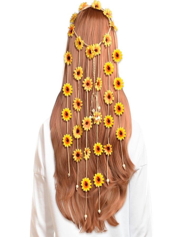 Sucrain 1pcs Flower Hippie Headband Floral Crown Summer Sunflower Hair Accessories for 70 s Bohemian Costumes Style for Women(Yellow) - Image 2